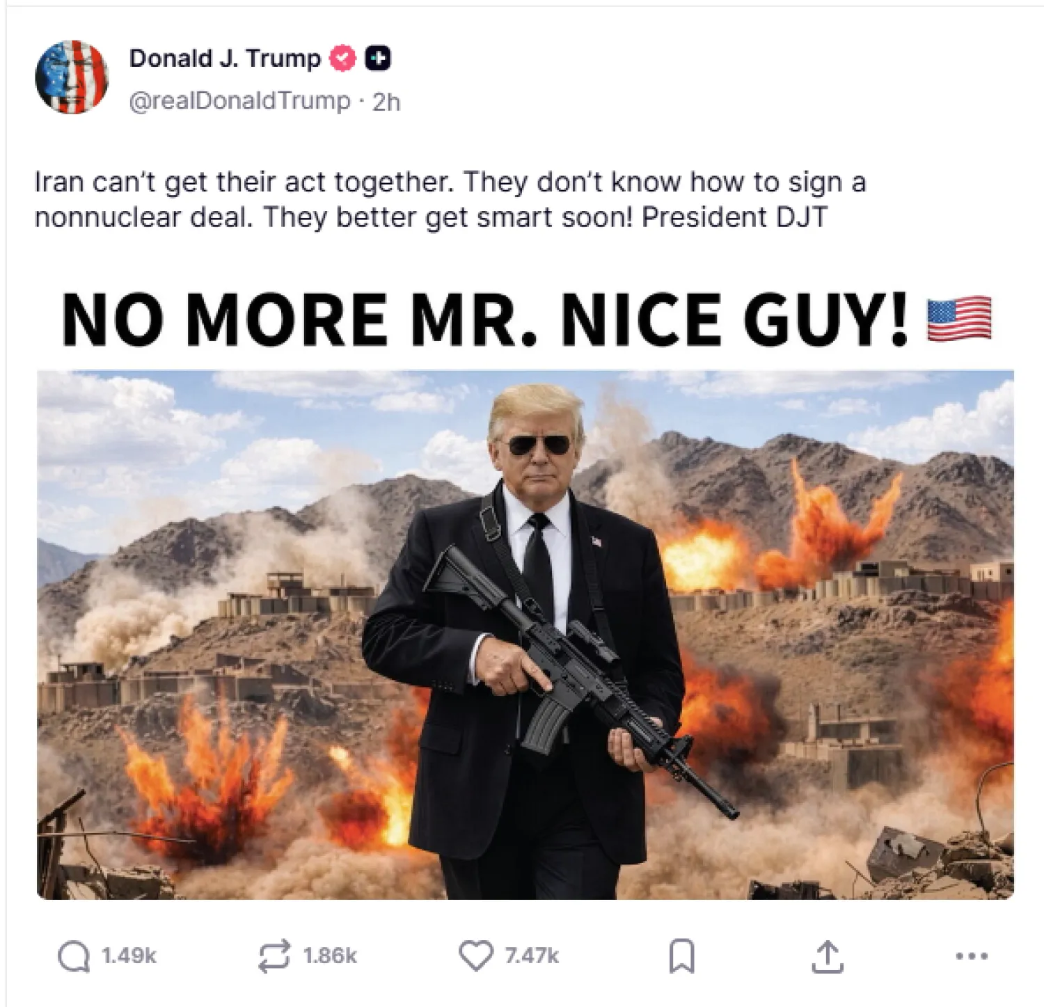 «انتهى زمن الرجل اللطيف»... ترمب يهدد إيران بصورة مُولّدة بالذكاء الاصطناعي